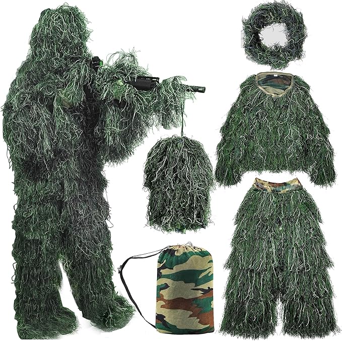 Photo 1 of 5 in 1 Ghillie Suit,3D Camouflage Hunting Apparel Including Jacket,Pants,Hood,Carry Bag Suitable for Unisex Kids Adults Youth Men
