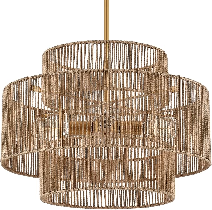 Photo 1 of 24” Boho Hand Woven Rattan Chandelier 3 Round Adjustable 4-Light Large Pendant Light for Kitchen Island Dining Room Living Room Hallway, Brass, UL Listed
