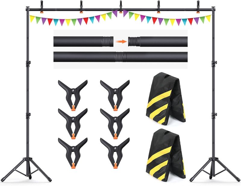 Photo 1 of 10x7.5Ft Backdrop Stand, Heavy Duty Adjustable Photo Back Drop Stand Kit for Parties, Photography, Banner Stand (Includes Six Background Stand Clamps)
