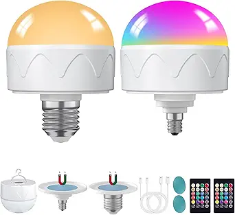 Photo 1 of 2Pack Rechargeable Light Bulbs with Remote E26/E12 Battery Operated Light Bulb 2200mAh, 3 Color Temperatures/Timer/Dimmer/Color Changing Puck Lights with Remote, Cordless Light Bulb for Non-Hardwired
