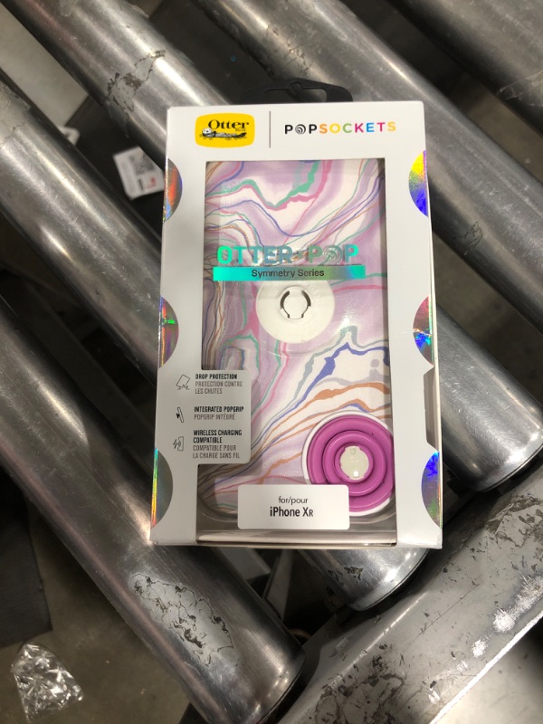 Photo 2 of Otter + Pop for iPhone XR: OtterBox Symmetry Series Case with PopSockets Swappable PopTop - White Marble and Aluminum Black