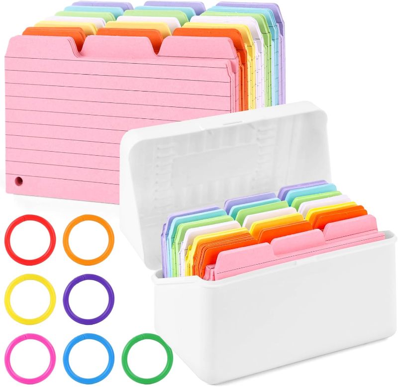 Photo 1 of 350PCS Index Cards with Box, 3x5 Inch Ruled Index Cards with 7 Rings Flash Cards with Holder Blank Note Cards Study Cards for School Learning 7 Colors
