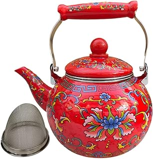 Photo 1 of BESTonZON Vintage Enamel Tea Kettle Floral Enameled Tea Pot with Infuser Hot Water Tea Kettle Water Boiling Pot with Handle for Kitchen Stovetop 2.2L red 