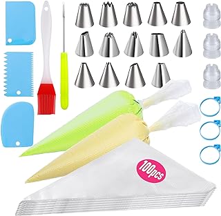 Photo 1 of Piping Bags and Tips Set Kit With 100pcs 12 Inch Pastry Bags, 14 Piping Tips, 3 Couplers,3 Bag Ties,3 Cake Scraper,1 Brush,1Scriber Needle,Cookie cake decoration set 100+Piping Bags set