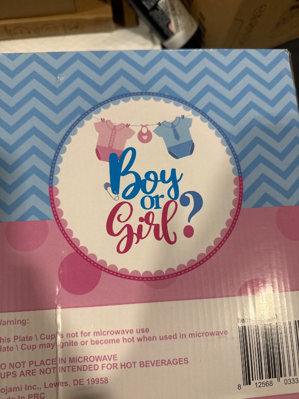 Photo 2 of Serves 30 | Complete Party Pack | Gender Reveal Boy or Girl Party Supplies | 9" Dinner Paper Plates | 7" Dessert Paper Plates | 12 oz Cups | 3 Ply Napkins | 2 Table Cover | 1 Cake Topper | Boy Or