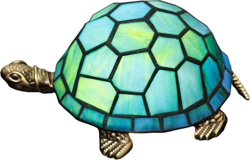 Photo 1 of Tiffany Tortoise Lamp Small Stained Glass Turtle Desk Lamp 8X5X4 Inch Animal Antique Accent Table Light (Sea Blue Turtle)
