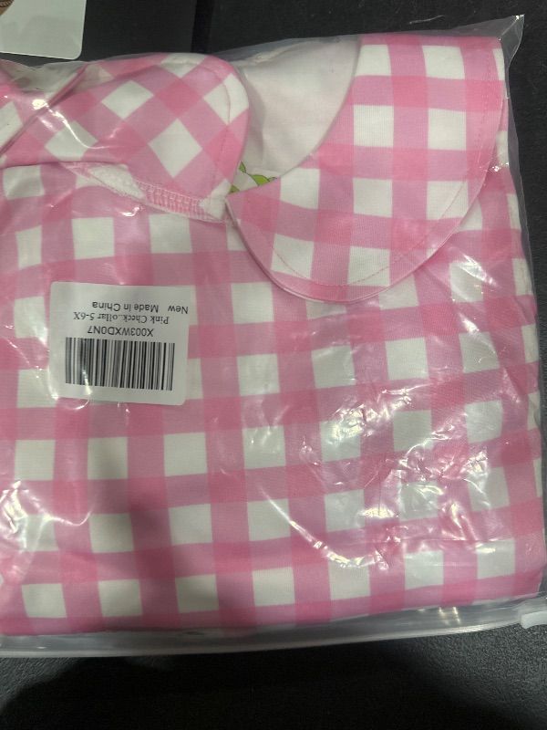 Photo 2 of Pink Checkered Dress for Girls: Vintage 1950s Pink Princess Dresses Girls with Hat Bow Pink Gingham Dress Up Halloween Costumes Kids Toddler Cosplay Birthday Outfit Party Pink Plaid Collar 5-6X