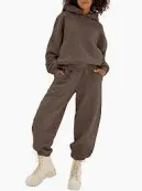 Photo 1 of Aleumdr Womens Two Piece Outfits Fleece Pullover Hoodie Sweatshirt & Jogger Suit Fall Workout Set Matching Lounge Sets Coffee Medium