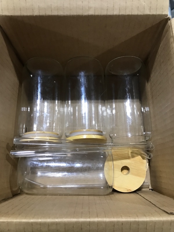 Photo 2 of Drinking Glasses with Bamboo Lids and Glass Straw 4pcs Set - 16oz Can Shaped Glass Cups