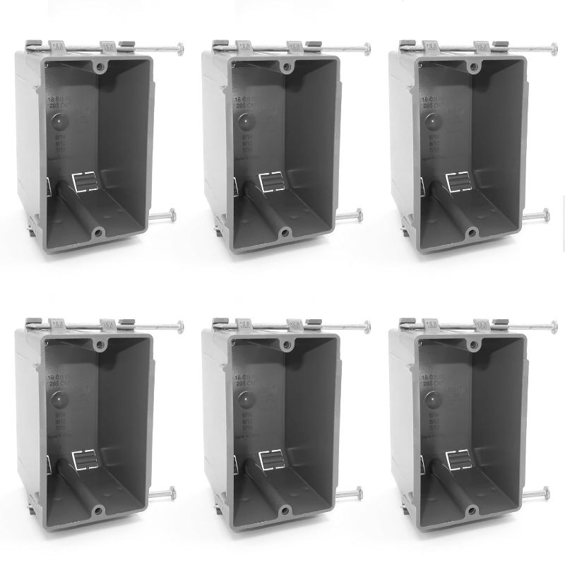 Photo 1 of (6 Pack) Plastic Electrical Box, Grey Outlet Box, Single Gang New Work Junction Box, Captive Nails, 18 cu. Inches, Length 3.75'', Width 2.25'', Depth 2.875'', 2 Hour Fire Rated Electrical Outlet Box