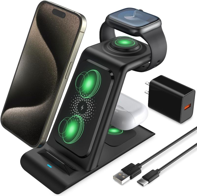 Photo 1 of  3 in 1 Wireless Charging Station Compatible for Apple Products Multiple Devices Charger for Apple Watch ultra 9 8 7 SE 6 5 4 AirPods Pro iPhone 15 14 13 12 13 Pro Max/X/XS Fast Charger Stand
