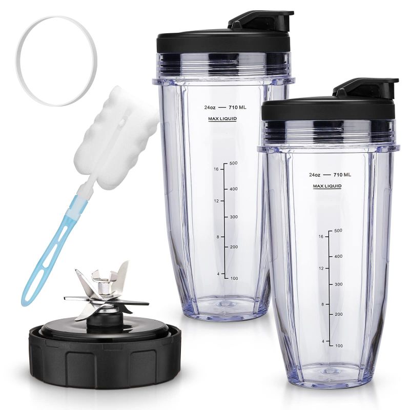 Photo 1 of [Design for SS101] Blender Replacement Parts for Ninja SS101, 24 oz. Single-Serve Cups Kit with To-Go Lids (2 Pack) with 7 Fins Blade, Fits SS100, SS101, SS300, SS351, SS400, SS401, CO351B