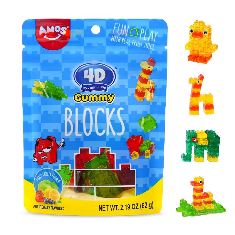 Photo 1 of AMOS 4D Gummy Blocks Candy Bricks, Edible Building Blocks, Themed Novelty Candy for Kids Birthday Party, Cupcake Topper, Resealable 2.19oz Bag (Pack of 3)Best By July 24 2025
