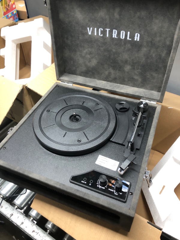 Photo 3 of Victrola Brooklyn Special Edition 3-in-1 Bluetooth Suitcase Record Player with 3-Speed Turntable Lambskin Grey