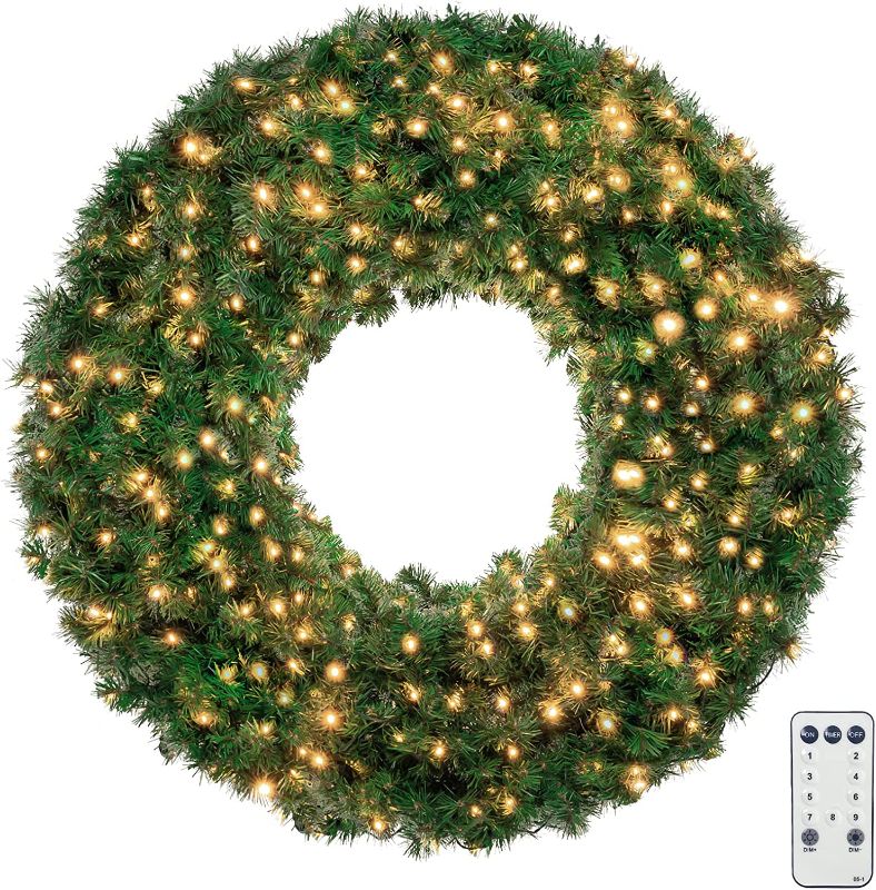 Photo 1 of 48 Inch 4 FT Large Christmas Wreath - DECSPAS Pre-lit Plug-in Wreaths with 220 Color Changing 9 Modes LED Lights Remote Adapter Xmas Decorations for Door Outdoor Indoor Wall Home
