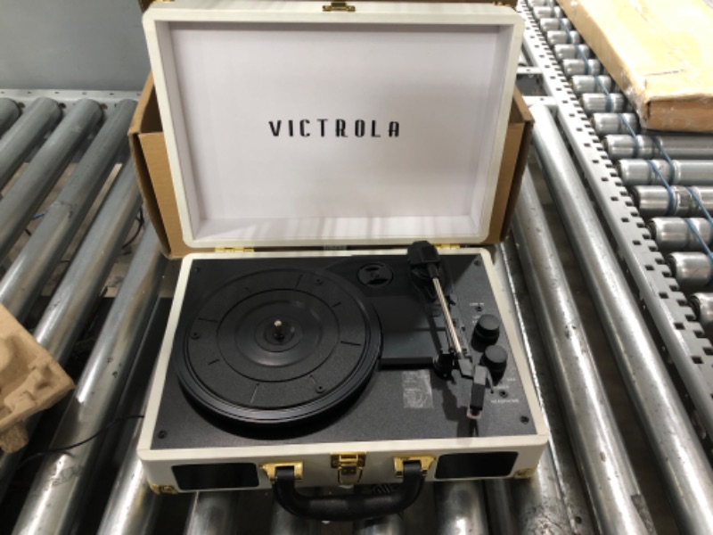 Photo 3 of Victrola Vintage 3-Speed Bluetooth Portable Suitcase Record Player with Built-in Speakers | Upgraded Turntable Audio Sound| White (VSC-550BT-WH) White Record Player