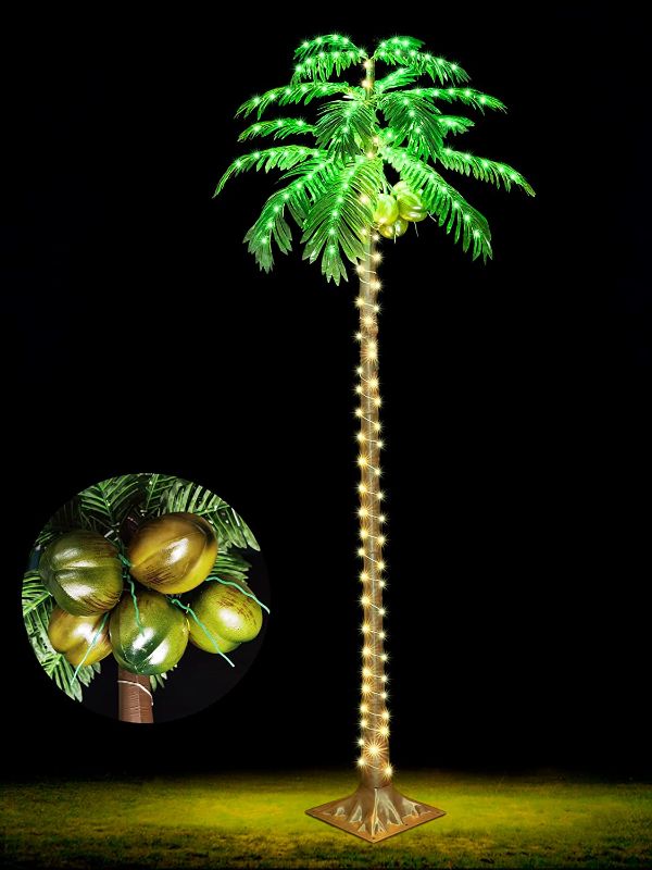 Photo 1 of 7FT LED Lighted Palm Tree with Coconuts Outdoor Artificial Palm Tree Tropical Palm Tree Lights for Patio Pool Hawaiian Luau Jungle Party Tiki Bar Christmas Indoor Decoration
