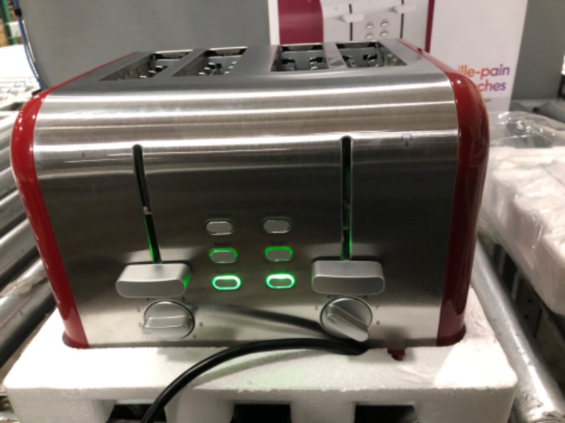 Photo 1 of 4 Slice Toaster, Red Stainless Steel, Dual Controls, Extra Wide Slots, Bagel and Defrost Functions, 9 Browning Levels, Removable Crumb Trays, for Bread, Toast, English Muffin, Toaster Strudel