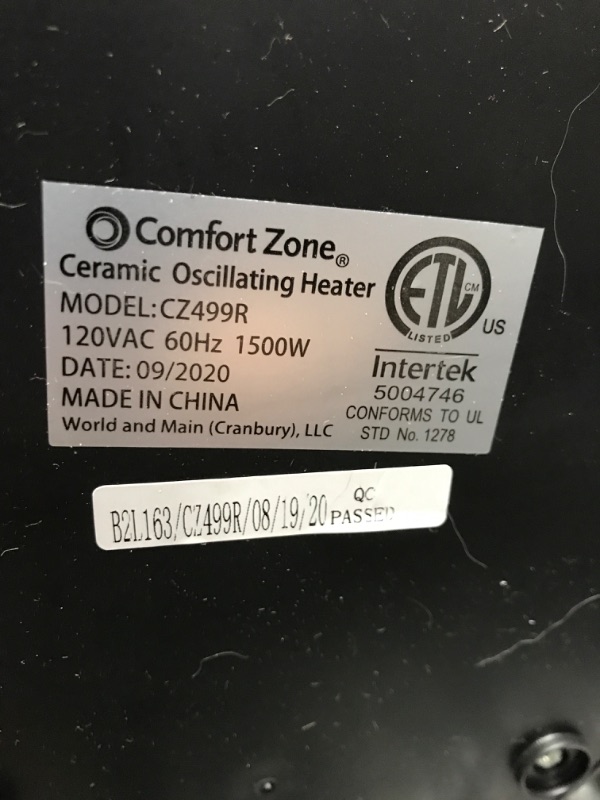 Photo 4 of *** POWERS ON ** Comfort Zone CZ499R 1,500-Watt Oscillating Ceramic Tower Heater with Remote Control, 90-Degree Oscillation, Backlit Digital Thermostat with Temperature Display, Timer, and Built-in Overheat Sensor