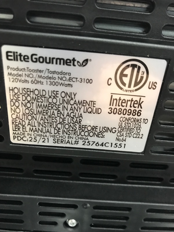 Photo 4 of *** POWERS ON ** Elite Gourmet ECT-3100# Long Slot 4 Slice Toaster, Reheat, 6 Toast Settings, Defrost, Cancel Functions, Built-in Warming Rack, Extra Wide Slots for Bagels Waffles, Stainless Steel & Black
