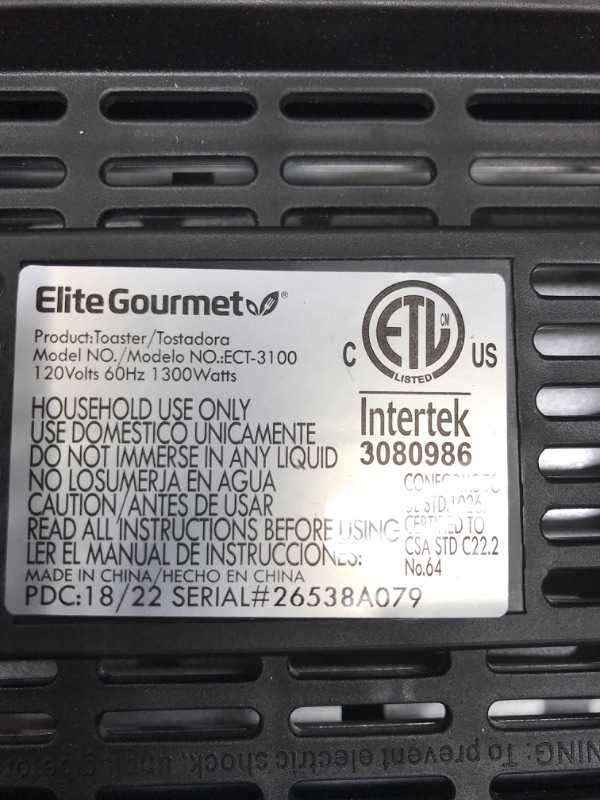 Photo 2 of *** NOT FUNCTIONAL *** Elite Gourmet ECT-3100## Long Slot 4 Slice Toaster, Reheat, 6 Toast Settings, Defrost, Cancel Functions, Built-in Warming Rack, Extra Wide Slots for Bagels Waffles, Stainless Steel & Black Stainless Steel and Black Slot Toaster