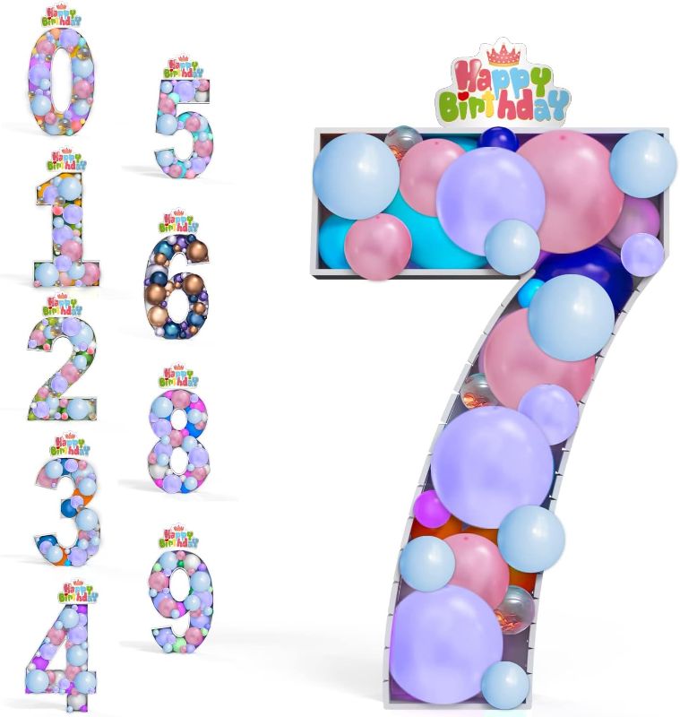 Photo 1 of 4FT Giant Mosaic Balloon Frame Number Marquee Light Up Numbers 7 Pre-Cut Kit Thick Foam Board Decoration for Birthdays Anniversary Party Baby Shower Boy Girl Party Supplies Para Cumpleaños Decorations
