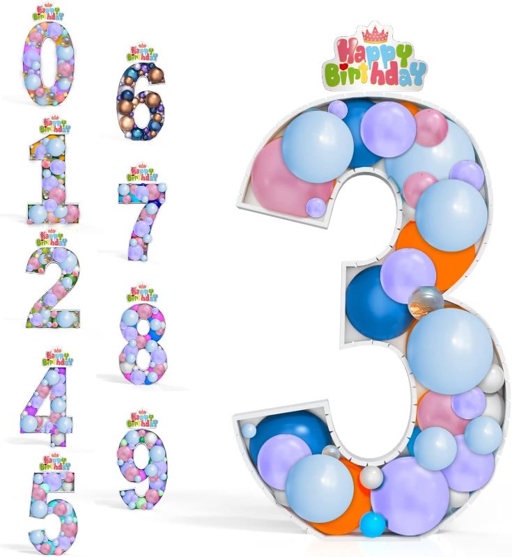 Photo 1 of 4FT Giant Mosaic Balloon Frame Number Marquee Light Up Numbers 3 Pre-Cut Kit Thick Foam Board Decoration for Birthdays Anniversary Party Baby Shower Boy Girl Party Supplies Para Cumpleaños Decorations
