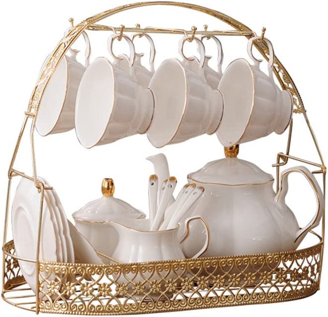 Photo 1 of *DAMAGE* ufengke 15 Pieces Simple White English Ceramic Tea Sets,Tea Pot,Bone China Cups with Metal Holder Matching Spoons,Afternoon Tea Set Service Coffee Set
