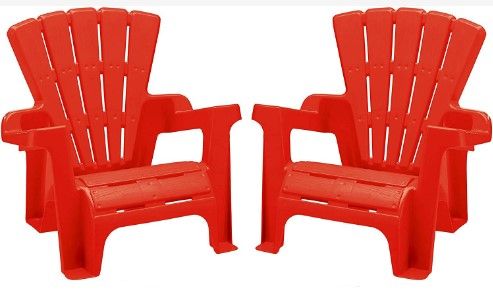 Photo 1 of *PINK NOT RED* American Plastic Toys Kids’ Adirondack Chairs (Pack of 2), Red, Outdoor, Indoor, Beach, Backyard, Lawn, Stackable, Lightweight, Portable, Wide Armrests, Comfortable Lounge Chairs for Children Red (2pk)