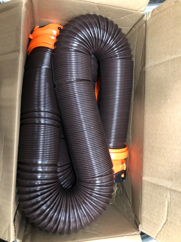 Photo 2 of Camco 20' (39742) RhinoFLEX 20-Foot RV Sewer Hose Kit, Swivel Transparent Elbow with 4-in-1 Dump Station Fitting-Storage Caps Included , Black , Brown 20ft Sewer Hose Kit Frustration-Free Packaging