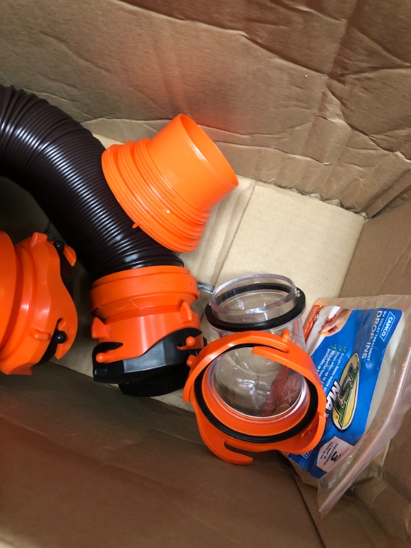 Photo 3 of Camco 20' (39742) RhinoFLEX 20-Foot RV Sewer Hose Kit, Swivel Transparent Elbow with 4-in-1 Dump Station Fitting-Storage Caps Included , Black , Brown 20ft Sewer Hose Kit Frustration-Free Packaging