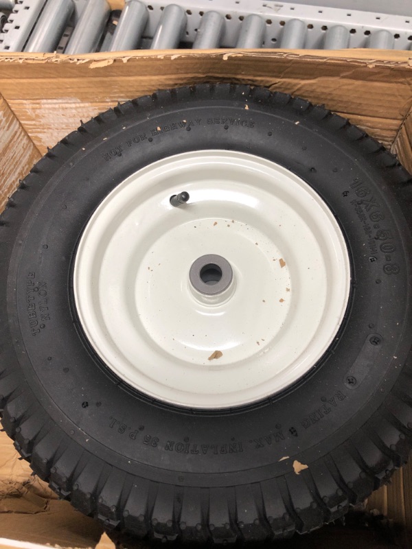 Photo 2 of (2-Pack) 16x6.50-8 Pneumatic Tires on Rim - Universal Fit Riding Mower and Yard Tractor Wheels - With Chevron Turf Treads - 3” Centered Hub and 3/4” Bushings - 615 lbs Max Weight Capacity