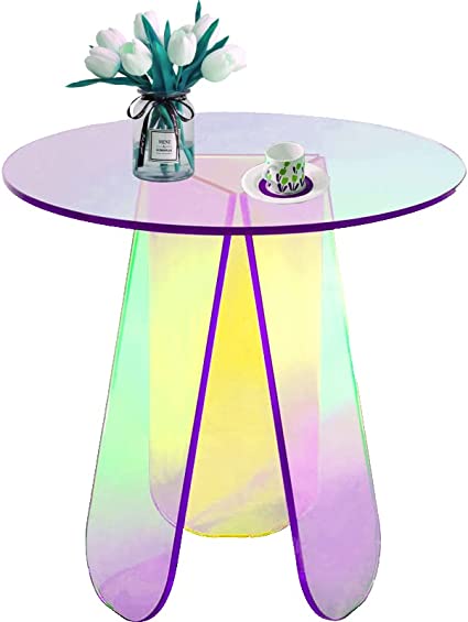 Photo 5 of Ganggend Acrylic Colorful Coffee Table, 17.7"x15.7"x15.7" Clear Iridescent Side Table Acrylic Rainbow Colors End Table Modern Accent Night Stand Iridescent Table for Home Office