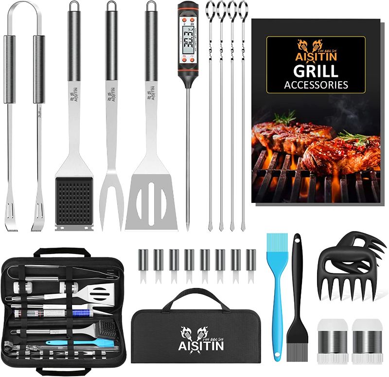 Photo 1 of AISITIN Grill Accessories 25PCS BBQ Tools Set Stainless Steel Grilling Kit with Thermometer, Fork, Tongs and Spatula, Grill Mat - Gifts for Dad Durable, Stainless Steel Grill Tools
