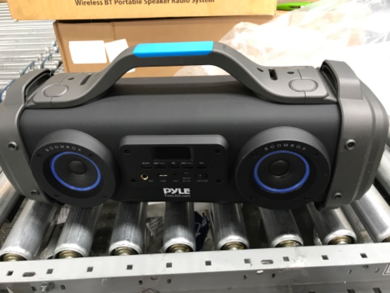 Photo 2 of Wireless Portable Bluetooth Boombox Speaker - 800W Rechargeable Boom Box Speaker Portable Barrel Loud Stereo System with AUX Input, USB, 1/4" in, Fm Radio, 4" Subwoofer, DJ Lights - Pyle PBMSPG148