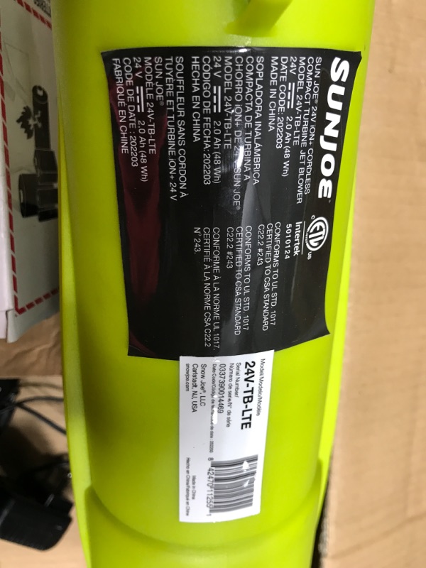 Photo 3 of **MISSING CHARGER**
Sun Joe 24V-TB-LTE-P1 24-Volt iON+ Jet Blower Cordless Compact Turbine Leaf Blower 100-MPH