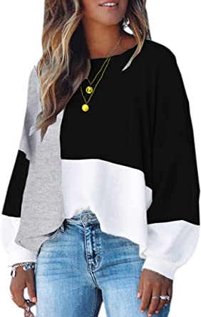 Photo 1 of ECOWISH Women Sweater Long Sleeve Color Block Knit Pullover Sweaters Crew Neck Patchwork Casual Loose Jumper Tops- MEDIUM