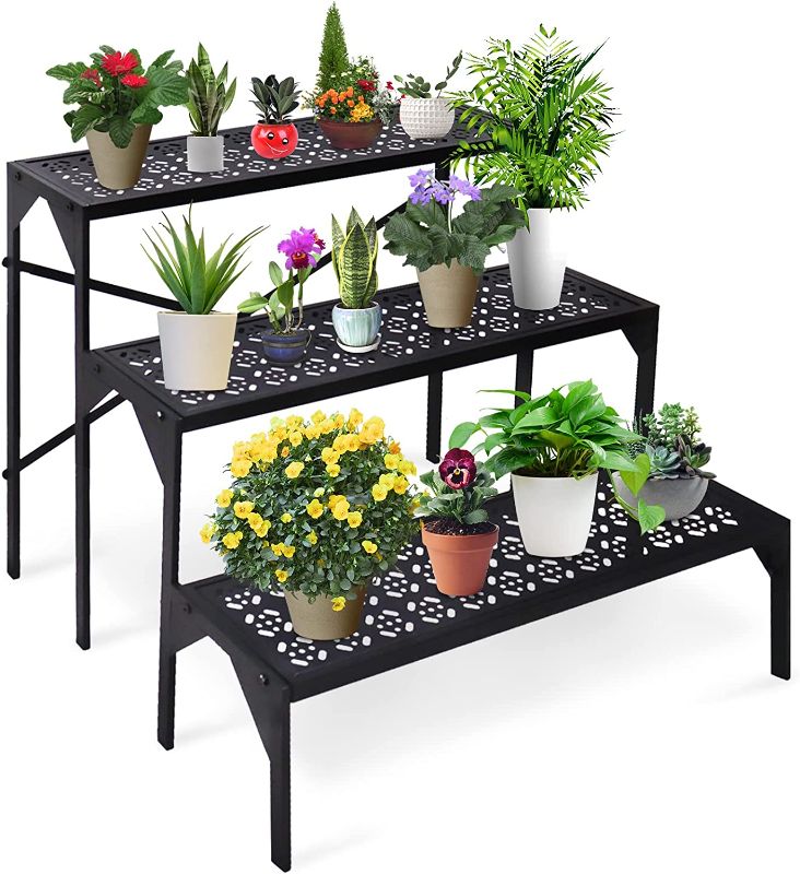 Photo 1 of aboxoo 3 Tiers Metal Plant Stand, Ladder Flower Pots Holders, 3 Tiers Step Plant Display Rack, Heavy Duty Utility Storage Organizer Rack for Home Garden Patio Balcony, Stair Style Plant Stand