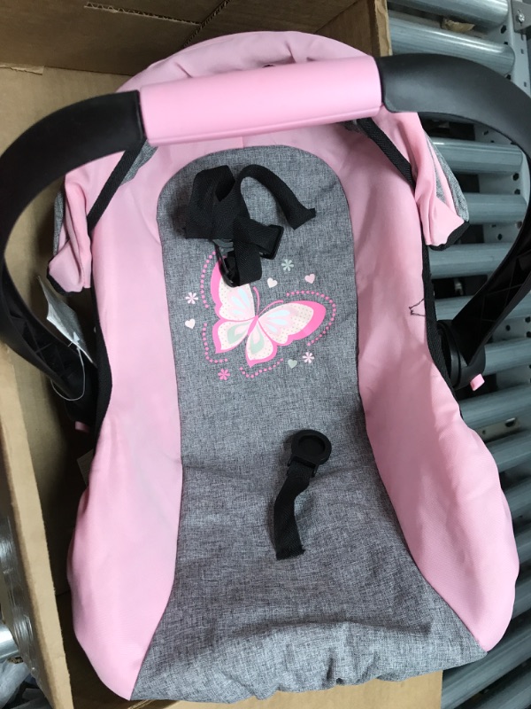 Photo 2 of Bayer Design Dolls: Car Seat - Grey, Blue, Pink Butterfly - Fits Dolls Up to 18' Kids Pretend Play, Safety Belt, Sun Canopy, Accessory for -Plush Toys -Stuffed Animals & Dolls, Ages 3+