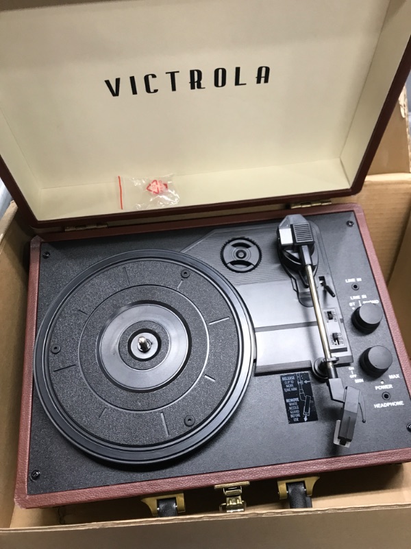 Photo 5 of Victrola Vintage 3-Speed Bluetooth Portable Suitcase Record Player with Built-in Speakers | Upgraded Turntable Audio Sound | Dark Brown, Model Number: VSC-550BT-DBR