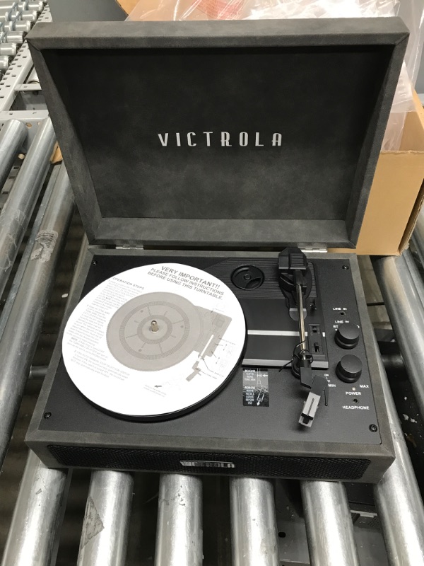 Photo 3 of Victrola Vintage 3-Speed Bluetooth Portable Suitcase Record Player with Built-in Speakers | Upgraded Turntable Audio Sound| Includes Extra Stylus | Lambskin (VSC-580BT-LGR)