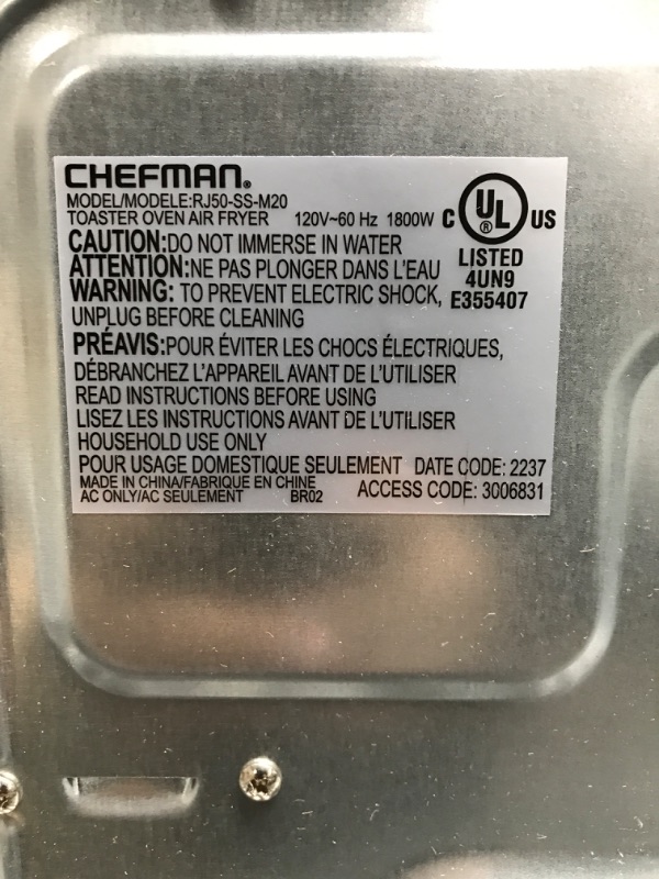 Photo 5 of -USED FOR PARTS-
Chefman Air Fryer Toaster Oven Combo, 7-In-1 Convection Oven Countertop 20 Qt Oven Air fryer, Cook a 10 Inch Pizza, Air Fry 2 lb. of Chicken Wings, Toast, Broil, Auto Shutoff, Stainless
