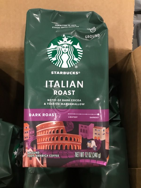 Photo 1 of Starbucks Ground Coffee, Italian Roast, Dark Roast Coffee, Notes of Dark Cocoa & Toasted Marshmallow, Ground 100% Arabica Coffee, 12-Ounce Bag (Pack of 6)