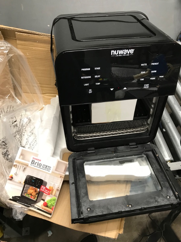 Photo 2 of ** non-functional ** NUWAVE Brio Air Fryer Smart Oven, 15.5-Qt X-Large Family Size, Countertop Convection Rotisserie Grill Combo, SS Rotisserie Basket & Skewer Kit, Reversible Ultra Non-Stick Grill Griddle Plate Included 15.5-Quart Black Air Fryer