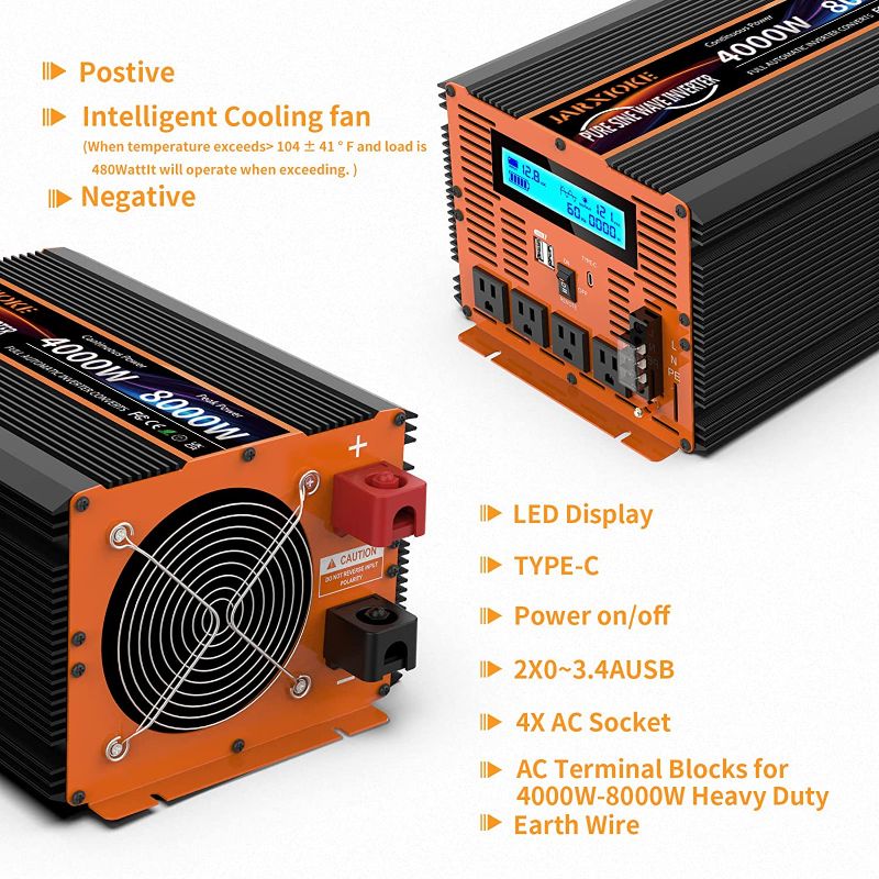 Photo 1 of 
4000 Watt Pure Sine Wave Power Inverter 12V DC to 110V 120V Converter for Family RV Off Grid Solar System Car with Type-C ...
