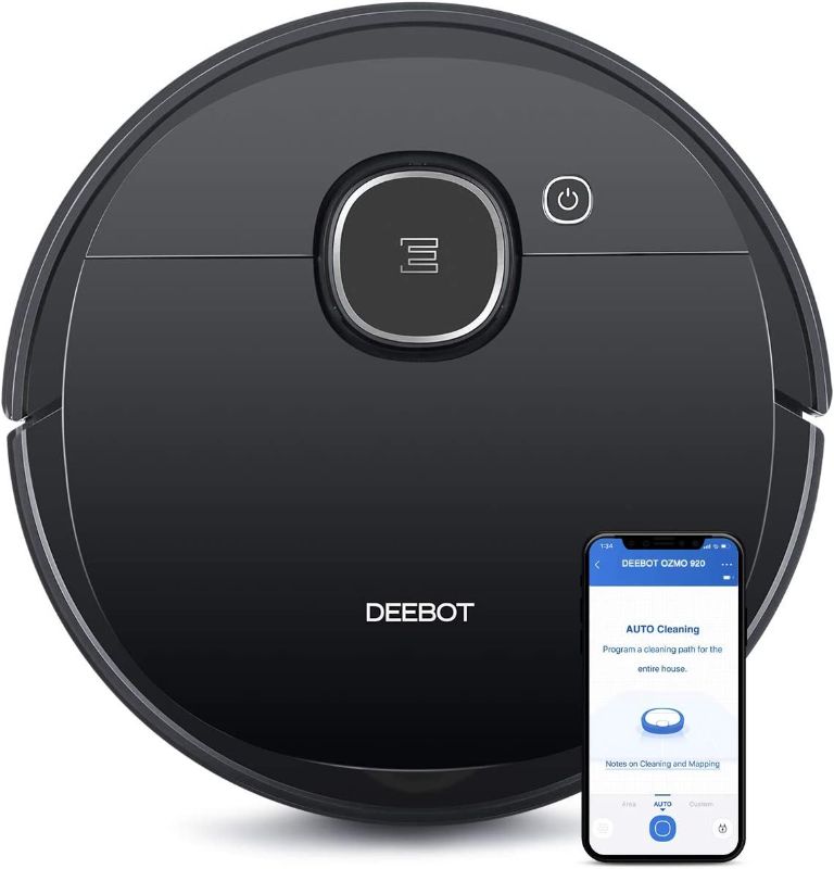 Photo 1 of ECOVACS DEEBOT OZMO 920 2-in-1 Vacuuming and Mopping Robot with Smart Navi 3.0 Systematic Cleaning, Multi-Floor Mapping, Compatible with Alexa, Large, Black (Renewed)
