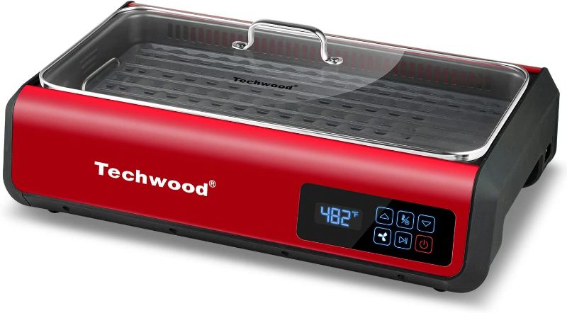 Photo 1 of 800R double Indoor Smokeless Grill Techwood 1500W Electric Grill with Tempered Glass Lid & LED Smart Control Panel, 8-Level Control Korean BBQ Grill, Red
