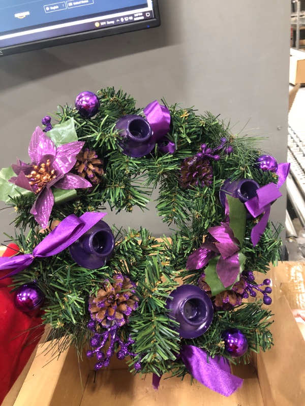 Photo 3 of [Safety Fire Retardant] Christmas Purple Advent Wreath Decor 4 Advent Candle Holder with 4 Pinecorn 4 Ribbon 2 Poinsettia 4 Ball 4 Berry Christmas Centerpiece Table Decorations Home Indoor(No Candles)