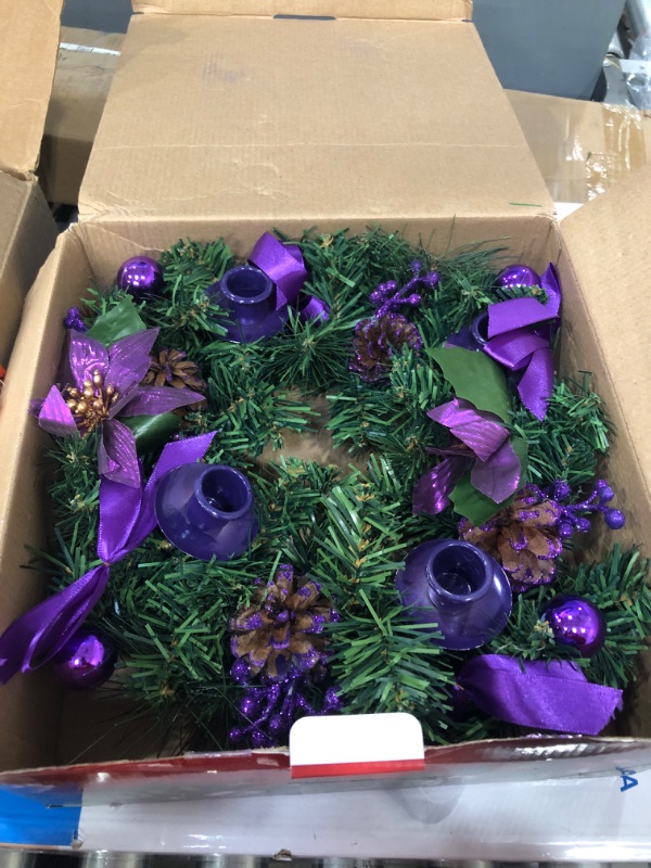 Photo 2 of [Safety Fire Retardant] Christmas Purple Advent Wreath Decor 4 Advent Candle Holder with 4 Pinecorn 4 Ribbon 2 Poinsettia 4 Ball 4 Berry Christmas Centerpiece Table Decorations Home Indoor(No Candles)