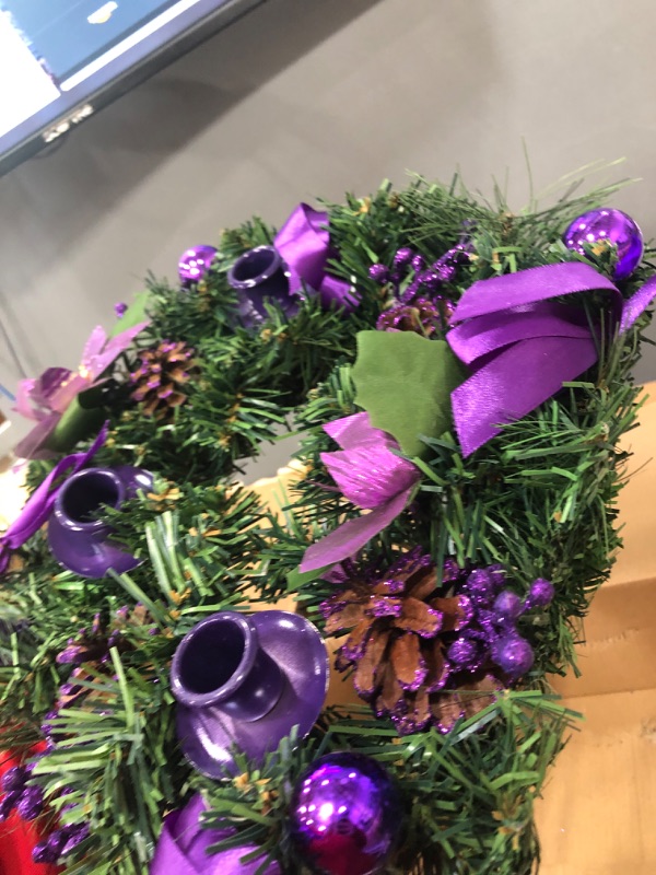 Photo 4 of [Safety Fire Retardant] Christmas Purple Advent Wreath Decor 4 Advent Candle Holder with 4 Pinecorn 4 Ribbon 2 Poinsettia 4 Ball 4 Berry Christmas Centerpiece Table Decorations Home Indoor(No Candles)